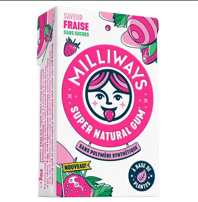 Chewing-gum MILLIWAYS fraise 🍓 sans sucre Vegan bio 🌱. (1 boîte)